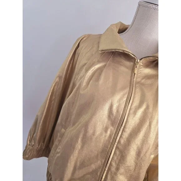 St John Gold Metallic Lambs Leather Silk 80s Retro Shimmer Bomber Zip Jacket M